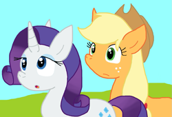 Size: 993x676 | Tagged: safe, artist:cmara, derpibooru import, applejack, rarity, earth pony, pony, unicorn, g4, female