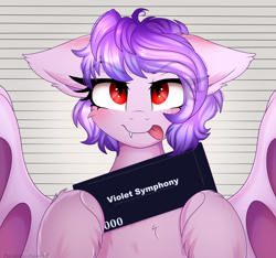 Size: 1600x1500 | Tagged: safe, artist:2pandita, derpibooru import, oc, oc:violet symphony, bat pony, pony, female, mare, mugshot, solo, tongue, tongue out