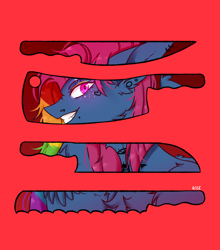 Size: 2700x3068 | Tagged: safe, artist:rice, derpibooru import, oc, oc only, oc:cupcake splatter, pegasus, pony, fanfic:cupcakes, fanfic:rainbow factory, butcher knife, cleaver, commission, ear piercing, earring, evil grin, eyeshadow, fanfic art, female, freckles, grin, jewelry, knife, lip piercing, magical lesbian spawn, makeup, mare, multicolored hair, nose piercing, nose ring, offspring, parent:pinkie pie, parent:rainbow dash, parents:pinkiedash, piercing, rainbow hair, red background, simple background, smiling, solo, tattoo, ych result