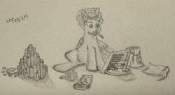 Size: 3423x1867 | Tagged: safe, artist:ohshitanelite, derpibooru exclusive, derpibooru import, pegasus, pony, abacus, bag, confused, determined, female, mare, money, money bag, mouth hold, notepad, pencil, pencil drawing, solo, thinking, traditional art