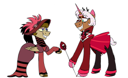 Size: 1800x1100 | Tagged: safe, artist:fuckomcfuck, derpibooru import, oc, oc only, oc:donut daydream, oc:doodles, pegasus, pony, unicorn, alastor, animal costume, antlers, clothes, cosplay, costume, deer costume, demon costume, donut, dress, duo, duo male and female, fangs, female, food, hat, hazbin hotel, hellaverse, hello rosie!, looking at each other, looking at someone, male, mare, pants, raised hoof, raised leg, rosie (hazbin hotel), shoes, simple background, smiling, smiling at each other, stallion, transparent background