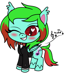 Size: 2000x2222 | Tagged: safe, artist:magnusmagnum, derpibooru import, oc, oc:precised note, pony, undead, vampire, vampony, g4.5, my little pony: pony life, alternate cutie mark, blushing, bottomless, bowtie, clothes, ear fluff, ears, eyelashes, fangs, grin, heart, heart eyes, music notes, nudity, one eye closed, partial nudity, pony life accurate, show accurate, simple background, slit eyes, smiling, solo, species swap, tail, transparent background, tuxedo, two toned mane, two toned tail, unshorn fetlocks, wingding eyes, wings