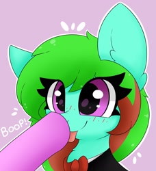 Size: 1864x2048 | Tagged: artist needed, safe, derpibooru import, oc, oc only, oc:precised note, pony, :p, adorable face, blushing, boop, bowtie, clothes, cute, eyelashes, nose wrinkle, purple background, raised hoof, raised leg, scrunchy face, simple background, tongue, tongue out, tuxedo