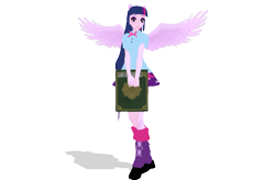 Size: 700x460 | Tagged: safe, artist:anayahmed2, derpibooru import, twilight sparkle, equestria girls, 3d, 3d model, alicorn wings, blouse, book, boots, bowtie, clothes, cutie mark on clothes, cutie mark on skirt, cutie mark tattoo, download at source, eyeshadow, high heel boots, lipstick, makeup, mmd, model, pony ears, shirt, shoes, skirt, smiling, tail, tattoo, wings