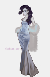 Size: 3800x5776 | Tagged: safe, artist:agrirga, artist:anayahmed, derpibooru import, rarity, human, absurd resolution, clothes, dress, feather boa, humanized, lidded eyes, looking at you, pony coloring, signature, simple background, smiling, smiling at you, solo, white background