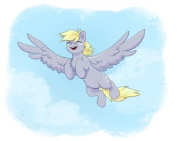 Size: 1000x800 | Tagged: safe, artist:kiwasha21, derpibooru import, derpy hooves, pegasus, pony, cute, derpabetes, eyes closed, female, flying, mare, open mouth, open smile, sky, smiling, solo, spread wings, wings