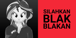 Size: 1200x600 | Tagged: safe, artist:ardoplasma41, derpibooru import, sunset shimmer, equestria girls, 3d, angry, black and white, clothes, grayscale, hoodie, indonesia, indonesian, looking at you, mmd, monochrome, parody, red background, roboto, shut up, simple background, split screen, text, two sides