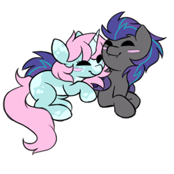 Size: 512x512 | Tagged: safe, artist:_candypone_, derpibooru import, oc, oc only, oc:helios aster, oc:scoops, bat pony, unicorn, cuddling, cute, cute little fangs, fangs, simple background, transparent background