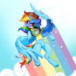 Size: 1440x1440 | Tagged: safe, artist:shinysolaria, derpibooru import, rainbow dash, pegasus, pony, g4, :p, clothes, cloud, crepuscular rays, featureless crotch, female, goggles, human shoulders, mare, rainbow, shadow, sky, smiling, solo, tongue, tongue out, uniform, wonderbolts uniform