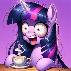 Size: 1024x1024 | Tagged: safe, ai content, derpibooru import, generator:dall-e 3, machine learning generated, twilight sparkle, bloodshot eyes, coffee, crazy face, faic, solo focus