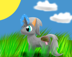 Size: 1000x800 | Tagged: safe, artist:sexybigears69, derpibooru import, oc, oc only, oc:kintaro, pony, unicorn, cloud, grass, horn, lineless, male, outdoors, ponified, ponified oc, smiling, solo, species swap, stallion, sun, tail, unicorn oc