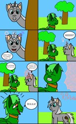 Size: 1280x2084 | Tagged: safe, artist:sexybigears69, derpibooru import, oc, oc only, oc:kintaro, oc:sonar, pegasus, pony, unicorn, 8 panel comic, collar, comic, dialogue, eyes closed, female, frown, glowing, glowing horn, gritted teeth, hiding, horn, looking at each other, looking at someone, magic, magic aura, male, mare, open mouth, open smile, outdoors, pegasus oc, rule 63, signature, smiling, speech bubble, spell gone wrong, stallion, teeth, transformation, transgender transformation, tree, unicorn oc