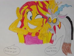 Size: 4096x3072 | Tagged: safe, anonymous artist, derpibooru import, discord, sunset shimmer, draconequus, human, equestria girls, beautiful, beautisexy, big grin, big smile, colored, cute, evil grin, fun, funny, grin, hilarious, pretty, sexy, smiling, tickling, tickling fetish, traditional art