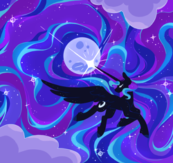 Size: 1800x1700 | Tagged: safe, artist:toastiestroodle, derpibooru import, princess luna, alicorn, pony, g4, female, flying, full moon, mare, moon, solo, spread wings, wings