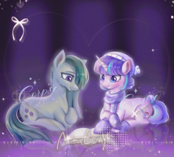 Size: 2100x1900 | Tagged: safe, artist:corpse, derpibooru import, marble pie, oc, oc:delia ino, earth pony, pony, unicorn, abstract background, book, canon x oc, clothes, female, friendship, reading, reflection, scarf