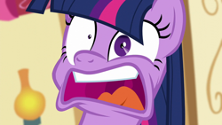 Size: 640x360 | Tagged: safe, derpibooru import, screencap, twilight sparkle, twilight sparkle (alicorn), alicorn, g4, party pooped, season 5, blurry background, coward, faic, freakout, madness, mismatched eyes, open mouth, panic attack, single shrunken iris, solo, teeth, twilight snapple, twilight sparkle is best facemaker, twilynanas, uvula