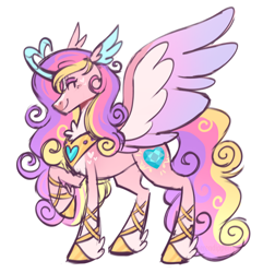 Size: 768x798 | Tagged: safe, artist:wanderingpegasus, derpibooru import, princess cadance, alicorn, pony, g4, blaze (coat marking), chest fluff, coat markings, colored horn, colored pinnae, colored wings, concave belly, curved horn, facial markings, feathered ears, feathered fetlocks, female, full body, gradient legs, gradient wings, heart, heart horn, heart mark, horn, mare, multicolored wings, pale belly, peytral, raised hoof, raised leg, ribbon, ribbon on leg, simple background, slender, smiling, solo, spread wings, standing, thin, tricolor mane, tricolor tail, white background, wings