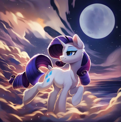 Size: 905x907 | Tagged: safe, ai content, derpibooru import, generator:purplesmart.ai, generator:stable diffusion, machine learning assisted, machine learning generated, rarity, pony, unicorn, g4, beautiful, blue eyes, cute, ear fluff, ears, eyeshadow, fantasy, fluffy, makeup, moon, night, night sky, ocean, prompter:saltyvity, purple hair, sky, smiling, solo, wallpaper, water