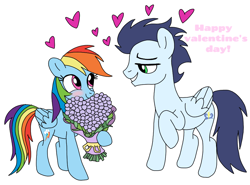 Size: 972x720 | Tagged: safe, artist:dasher666, derpibooru import, rainbow dash, soarin', pegasus, pony, blushing, bouquet, female, flower, holiday, looking at each other, looking at someone, male, mare, shipping, simple background, smiling, smiling at each other, soarindash, stallion, straight, valentine's day, white background