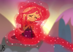 Size: 3552x2544 | Tagged: safe, artist:sparkling-sunset-s08, derpibooru import, sunset shimmer, human, equestria girls, aura, female, magic, sad, sunset, this will end in tears, torture