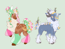 Size: 2000x1500 | Tagged: safe, artist:ghostunes, derpibooru import, oc, oc only, oc:clementine frost, oc:daily bagel, deer, deer pony, earth pony, hybrid, original species, pony, antlers, bells, blaze (coat marking), bust, chest fluff, clothes, coat markings, curls, curly hair, curly mane, earth pony oc, facial markings, green background, hair bun, happy, hoof fluff, horns, hybrid oc, leaf, leaves, leaves in hair, looking at you, multicolored hair, multicolored mane, parent:oc:berry coin, parent:oc:tea tree, plant, raised hoof, raised leg, ram horns, simple background, smiling, smiling at you, socks, socks (coat marking), spots
