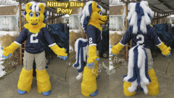 Size: 1200x679 | Tagged: safe, artist:ramcat, derpibooru import, oc, oc only, oc:nittany blue, clothes, fursuit, irl, multiple views, photo, ponysuit, text, watermark