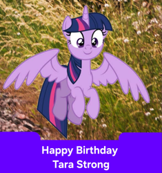 Size: 945x1004 | Tagged: safe, artist:decprincess, derpibooru import, edit, twilight sparkle, twilight sparkle (alicorn), alicorn, pony, cute, flying, happy birthday, pretty, tara strong, twiabetes, twilight sparkle is best facemaker