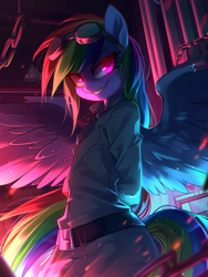 Size: 928x1232 | Tagged: safe, ai content, derpibooru import, machine learning generated, rainbow dash, anthro, fanfic:rainbow factory, clothes, fanfic art, prompter:ashura54290, uniform