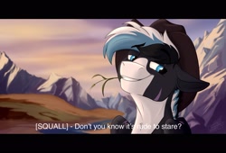 Size: 2287x1559 | Tagged: safe, artist:rutkotka, derpibooru import, oc, oc only, oc:squall windfeather, pegasus, pony, background, blue eyes, cowboy hat, hat, looking at you, looking back, looking back at you, mountain, mountain range, pegasus oc, smug, subtitles