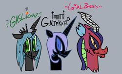 Size: 1387x849 | Tagged: safe, artist:notsafeforsanity, derpibooru import, idw, nightmare moon, queen chrysalis, changeling, changeling queen, draconequus, g4, bust, cosmos, girlboss