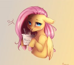Size: 3195x2823 | Tagged: safe, artist:miokomata, derpibooru import, fluttershy, pegasus, pony, blushing, bust, cup noodles, cute, ears, eating, female, floppy ears, food, freckles, freckleshy, gradient background, hoof hold, mare, noodles, shyabetes, signature, slurp, solo