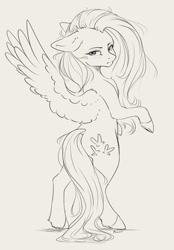 Size: 2034x2925 | Tagged: safe, artist:miokomata, derpibooru import, fluttershy, pegasus, pony, angry, bipedal, butt, ears, female, floppy ears, flutterbutt, freckles, freckleshy, frown, grayscale, looking at you, looking back, looking back at you, mare, monochrome, plot, scowl, simple background, solo, spread wings, white background, wings