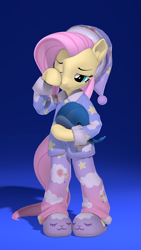 Size: 2160x3840 | Tagged: safe, artist:owlpirate, derpibooru import, fluttershy, pegasus, semi-anthro, 3d, 4k, clothes, cute, female, gradient background, hat, high res, mare, nightcap, pajamas, plushie, rubbing eyes, shyabetes, sleeping, slippers, solo, source filmmaker