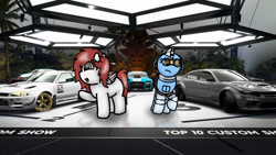 Size: 1192x670 | Tagged: safe, artist:foxfer64_yt, derpibooru import, oc, oc only, oc:kira (fl), oc:silverstream (robot pony), original species, pegasus, pony, robot, robot pony, car, ears, floppy ears, looking at something, nissan skyline, raised hoof, raised leg, unamused