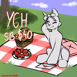 Size: 3000x3000 | Tagged: safe, artist:xcinnamon-twistx, derpibooru import, auction, basket, blanket, comfy, commission, date, food, hair ribbon, holiday, one eye closed, outdoors, picnic, picnic basket, picnic blanket, pillow, ribbon, smiling, strawberry, valentine, valentine's day, wink, your character here