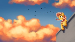 Size: 4788x2694 | Tagged: safe, artist:calebpedigo, derpibooru import, sunset shimmer, bird, pony, unicorn, cloud, female, frog (hoof), high res, looking offscreen, mare, sky, smiling, solo, underhoof