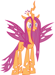 Size: 1823x2499 | Tagged: artist needed, safe, anonymous artist, derpibooru import, queen chrysalis, scootaloo, changeling, changeling queen, crown, female, fusion, fusion:queen chrysalis, fusion:scootaloo, grin, jewelry, palette swap, recolor, regalia, simple background, smiling, spread wings, transparent background, wings