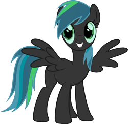 Size: 1920x1856 | Tagged: artist needed, safe, anonymous artist, derpibooru import, queen chrysalis, rainbow dash, changeling, pegasus, pony, cute, female, fusion, fusion:queen chrysalis, fusion:rainbow dash, mare, multicolored mane, multicolored tail, recolor, simple background, smiling, spread wings, tail, transparent background, wings