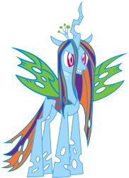 Size: 1823x2499 | Tagged: artist needed, safe, anonymous artist, derpibooru import, queen chrysalis, rainbow dash, changeling, changeling queen, crown, female, fusion, fusion:queen chrysalis, fusion:rainbow dash, grin, jewelry, recolor, regalia, simple background, smiling, spread wings, transparent background, wings