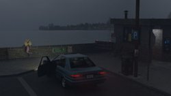 Size: 2560x1440 | Tagged: safe, artist:citizenwolf, artist:seltiox, artist:severity-gray, derpibooru import, fluttershy, anthro, 3d, bench, blender, blender cycles, brick wall, cans, car, chimney, concrete, fog, lights, nexgen, ocean, outdoors, parking lot, pole, poster, stop sign, toilet, trash can, water