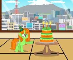 Size: 5918x4853 | Tagged: safe, artist:creedyboy124, derpibooru import, oc, oc only, oc:lola, unicorn, birthday, birthday cake, cake, food, hat, japan, party hat, solo, tokyo