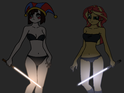 Size: 734x555 | Tagged: safe, derpibooru import, sunset shimmer, human, equestria girls, bikini, clothes, crossover, crossover shipping, duo, duo female, female, hat, jedi, jester, jester hat, lesbian, lightsaber, pomni, ship:sunpom, shipping, star wars, swimsuit, the amazing digital circus, weapon