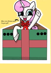Size: 1781x2561 | Tagged: safe, artist:scandianon, derpibooru import, twinkleshine, pony, unicorn, air holes, bowtie, box, female, looking at you, mare, open mouth, open smile, present, smiling, talking to viewer, waving
