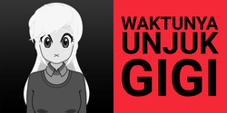 Size: 1200x600 | Tagged: safe, artist:ardoplasma41, derpibooru import, applejack, human, equestria girls, black and white, grayscale, humanized, indonesia, indonesian, kisekae, monochrome, parody, red background, roboto, simple background, split screen, text, toothless, two sides