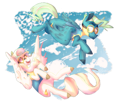 Size: 2040x1729 | Tagged: safe, artist:keursh29, derpibooru import, sky stinger, vapor trail, pegasus, pony, clothes, cloud, duo, female, goggles, male, mare, simple background, sky, stallion, transparent background, uniform, wonderbolt trainee uniform