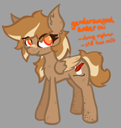 Size: 2200x2329 | Tagged: safe, artist:foxtrnal, derpibooru import, oc, oc only, oc:amber wings, pegasus, pony, alternate hairstyle, alternate universe, amber eyes, bandage, female, freckles, gray background, mare, rule 63, simple background, solo, text