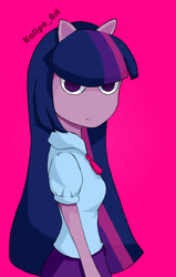 Size: 1619x2553 | Tagged: safe, artist:kalipoart, derpibooru import, twilight sparkle, human, equestria girls, g4, 2017, clothes, eared humanization, humanized, looking at you, old art, pink background, shirt, side view, signature, simple background, skirt, solo