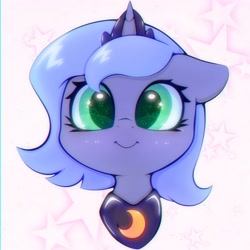 Size: 3000x3000 | Tagged: safe, artist:zokkili, derpibooru import, princess luna, alicorn, pony, g4, abstract background, blushing, bust, cute, female, filly, foal, happy, looking at you, lunabetes, smiling, smiling at you, solo, woona, younger