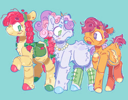 Size: 1512x1184 | Tagged: safe, artist:tottallytoby, derpibooru import, apple bloom, scootaloo, sweetie belle, earth pony, pegasus, pony, unicorn, g4, alternate design, bag, blushing, bow, braid, braided pigtails, braided tail, clothes, coat markings, colored hooves, cutie mark crusaders, ear piercing, earring, female, fetlock tuft, hair bow, headband, hooves, horn, horn jewelry, jewelry, leg warmers, leonine tail, looking at each other, looking at someone, multicolored hooves, necklace, older, older apple bloom, older cmc, older scootaloo, older sweetie belle, open mouth, pearl necklace, piercing, pigtails, redesign, short mane, short tail, simple background, small wings, smiling, splotches, tail, teal background, trio, trio female, wings