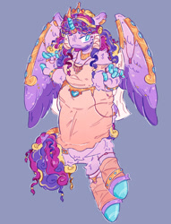 Size: 1136x1485 | Tagged: safe, artist:tottallytoby, derpibooru import, princess cadance, alicorn, anthro, pony, unguligrade anthro, g4, alternate eye color, anklet, arm fluff, armor, belt, blue background, bracelet, breasts, cheek fluff, cleavage, clothes, colored hooves, colored wings, cyan eyes, dress, ear piercing, earring, eyeshadow, female, gradient ears, gradient wings, hoof fingers, hoof hands, horn, horn cap, horn jewelry, horn ring, jewelry, leg fluff, leg wraps, leonine tail, makeup, mare, necklace, no mouth, off shoulder, piercing, ring, shoulder fluff, simple background, solo, tail, tail jewelry, tail wrap, tiara, wing armor, wing jewelry, wing piercing, wings